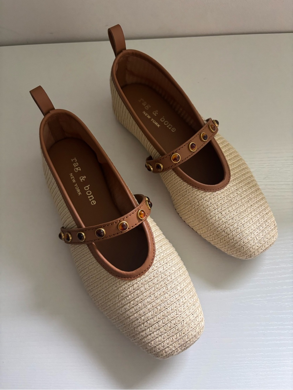 rag & bone Beige Raffia Mary Jane Flats with Brown Leather Strap - Picture 2 of 3